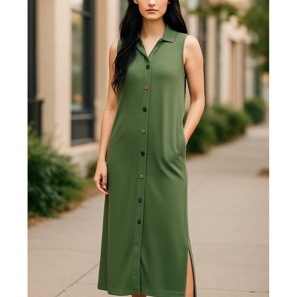 Soft Surroundings Dress Women's LTall Fern Green Mixed Button Hi Low Sleeveless